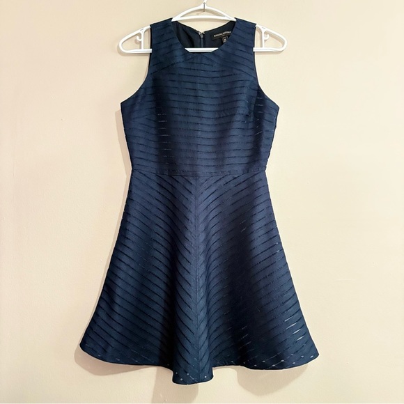 Banana Republic Navy Blue Sheer Striped Dress with Flared Skirt - Picture 1 of 15